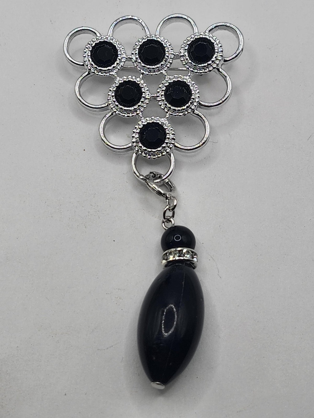 Napier Black Flower Brooch Pin Silver Tone Dangle Bead Rhinestone Jewelry Gift