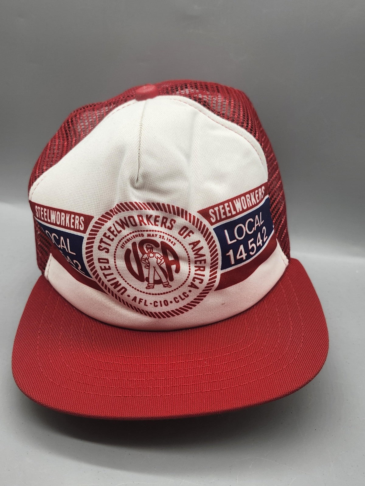 Vintage New Era Steelworkers Hat Cap Snap Back Mens One Size Red Union USA 80s