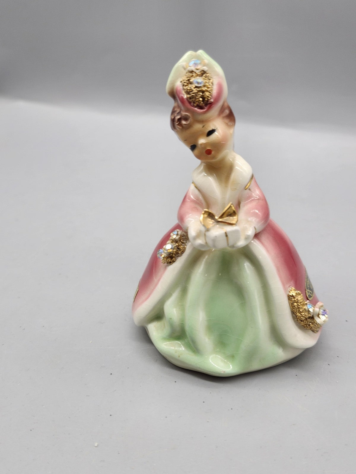 Vintage Josef Originals Little Gift Girl Figurine Pink Green Ceramic Rhinestone