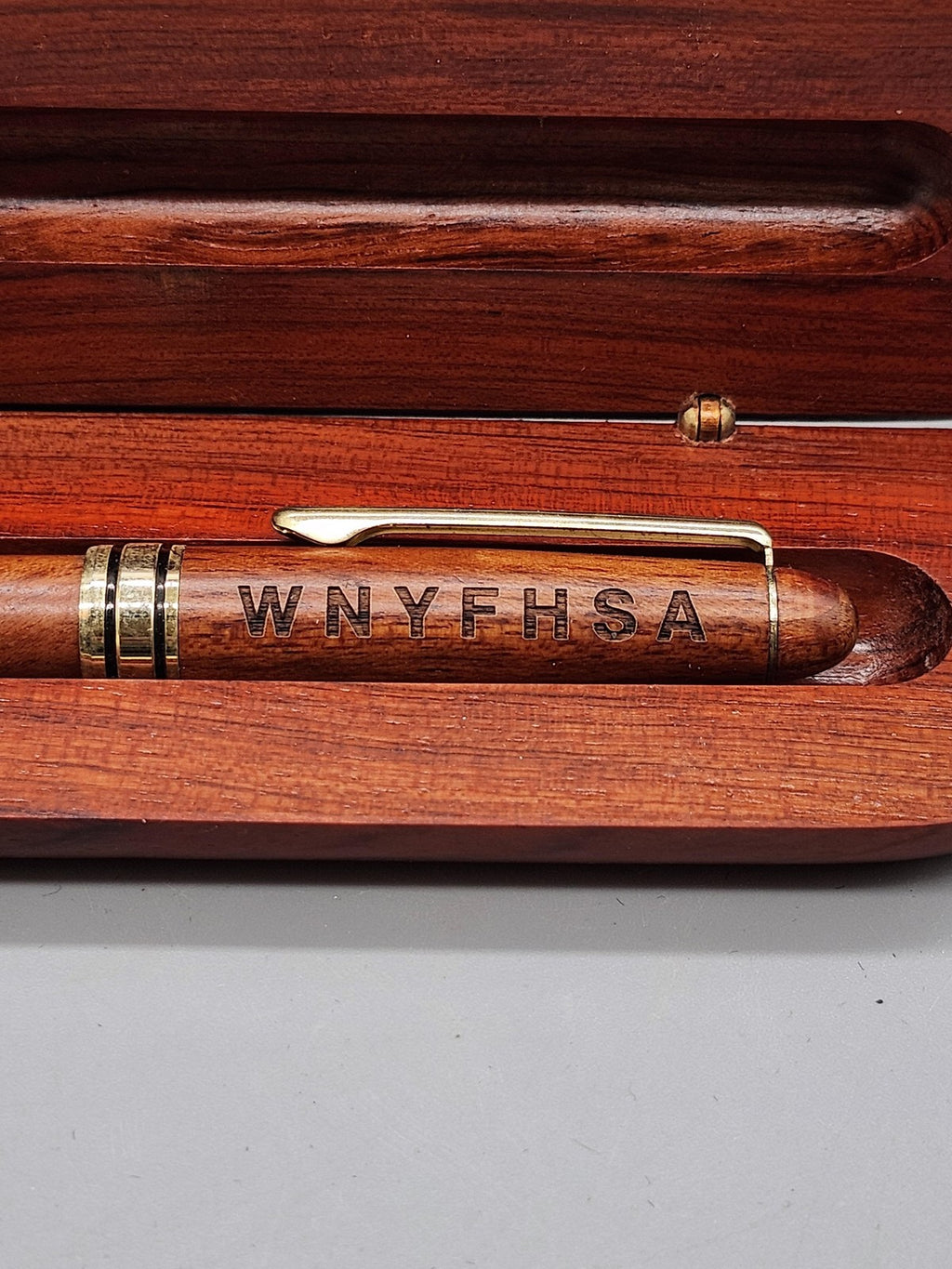 Wood Ballpoint Pen Wooden Case Set WNYFHSA Engraved Gold Trim Black Ink Gift