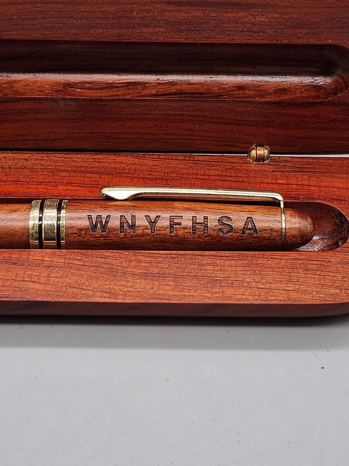 Wood Ballpoint Pen Wooden Case Set WNYFHSA Engraved Gold Trim Black Ink Gift