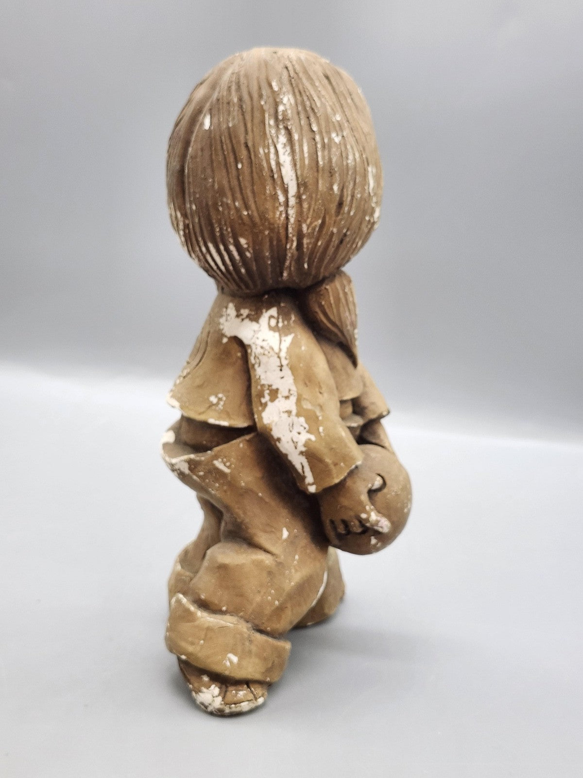 Vintage Unmarked Girl Figurine Chalk Medium Size Brown Hand Painted Ball Decor