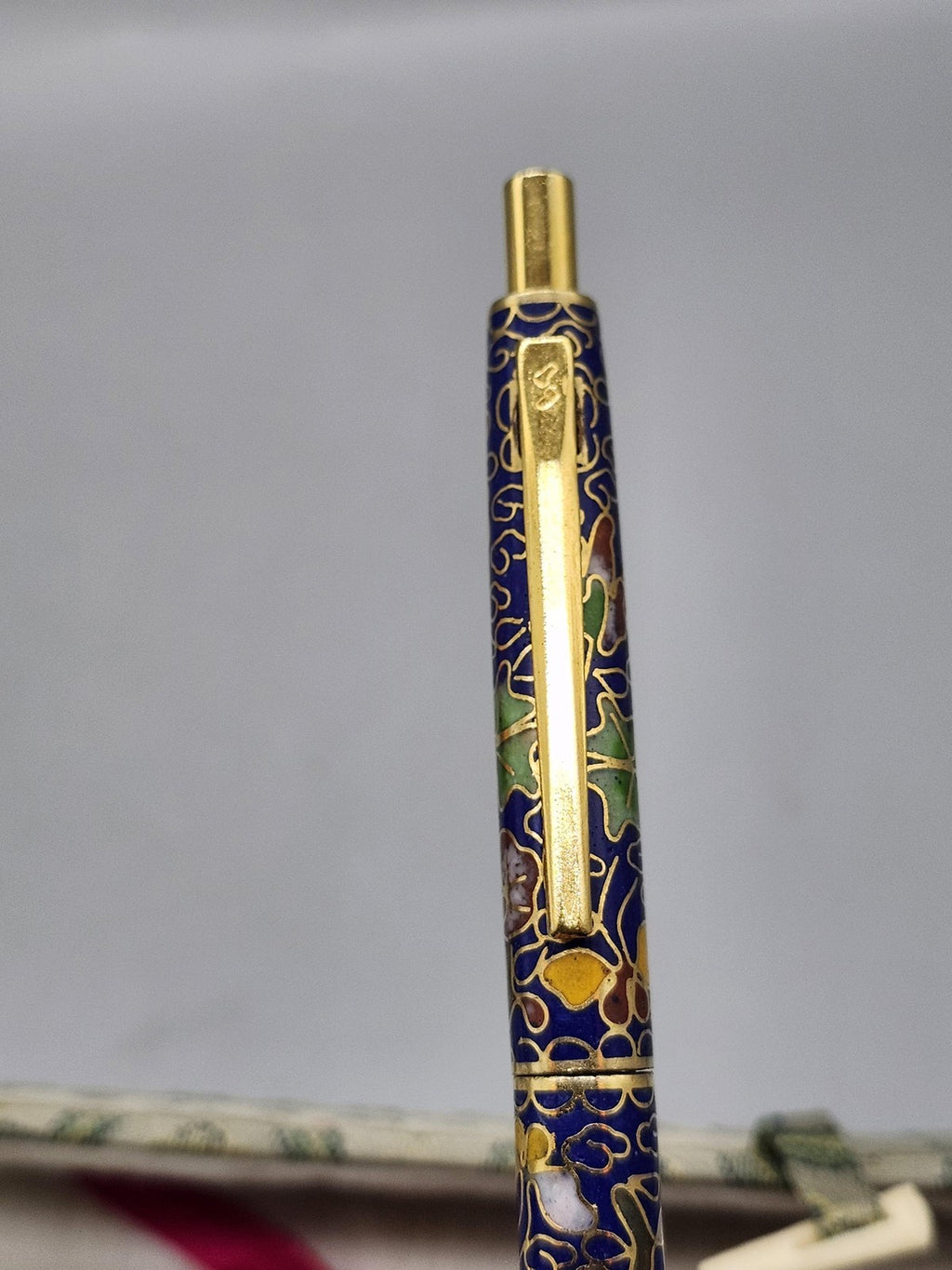 Vintage Cloisonne Click Ballpoint Pen Blue Floral Gold Trim Metal Brocade Box