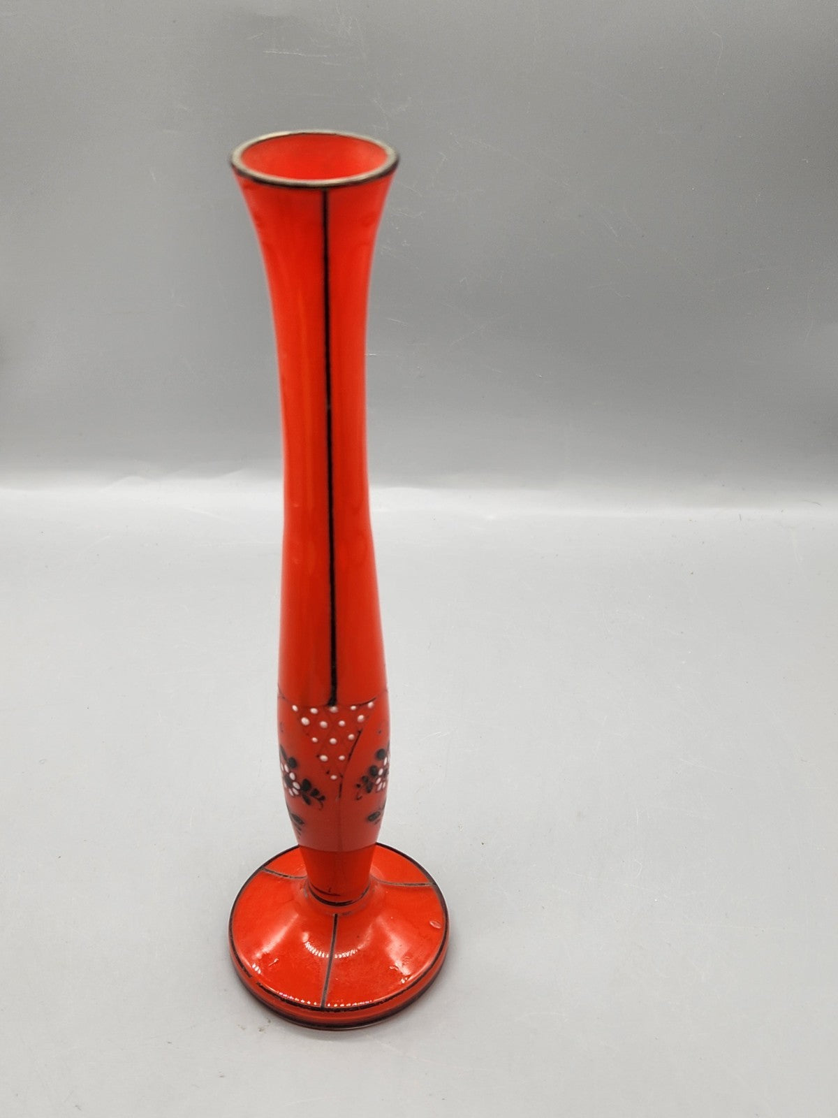 Vintage Czech Red Art Glass Bud Vase Hand Painted Floral 8” Bohemian Vase