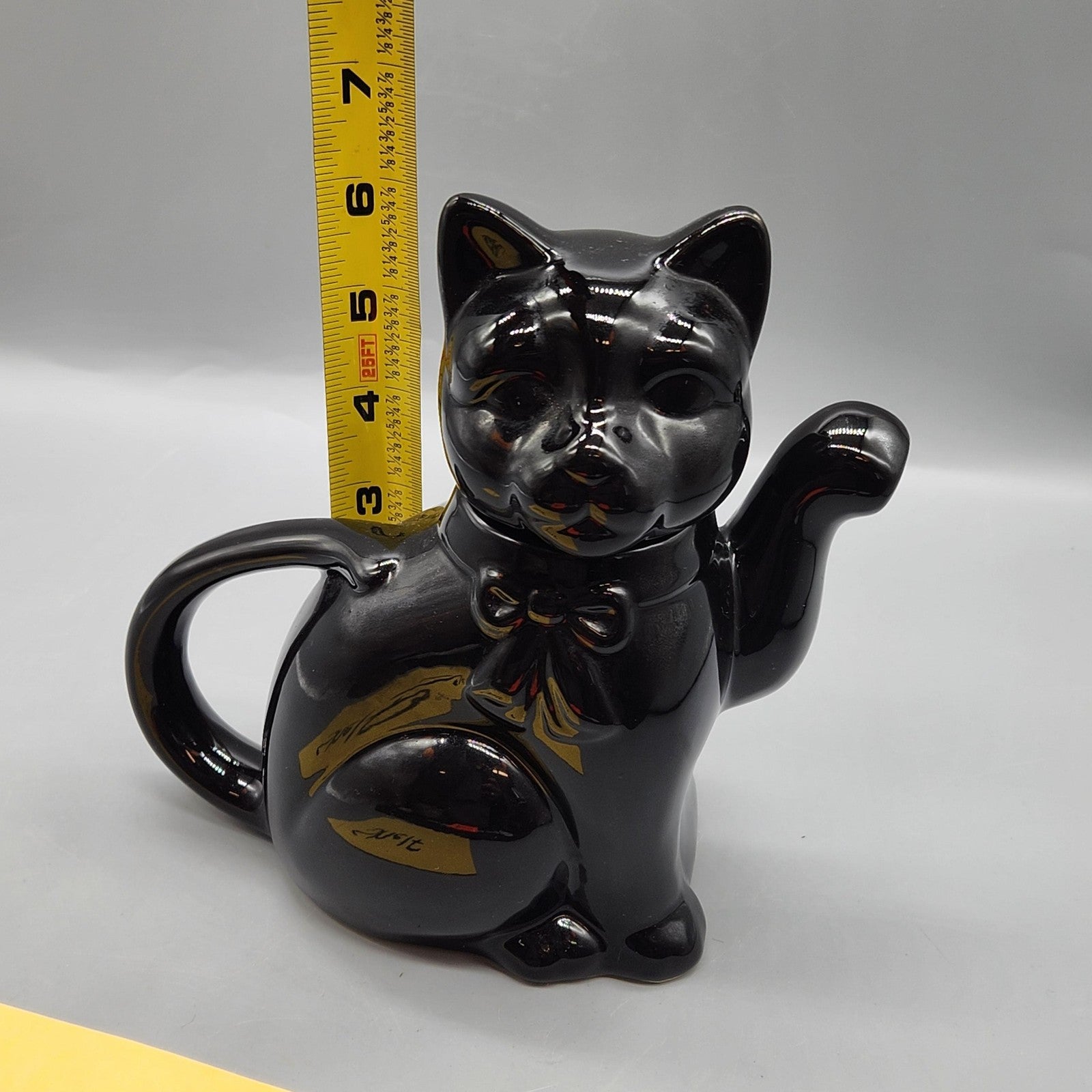 Black Ceramic Cat Teapot Glossy Figural Lid Handle Small Kitchen Decor