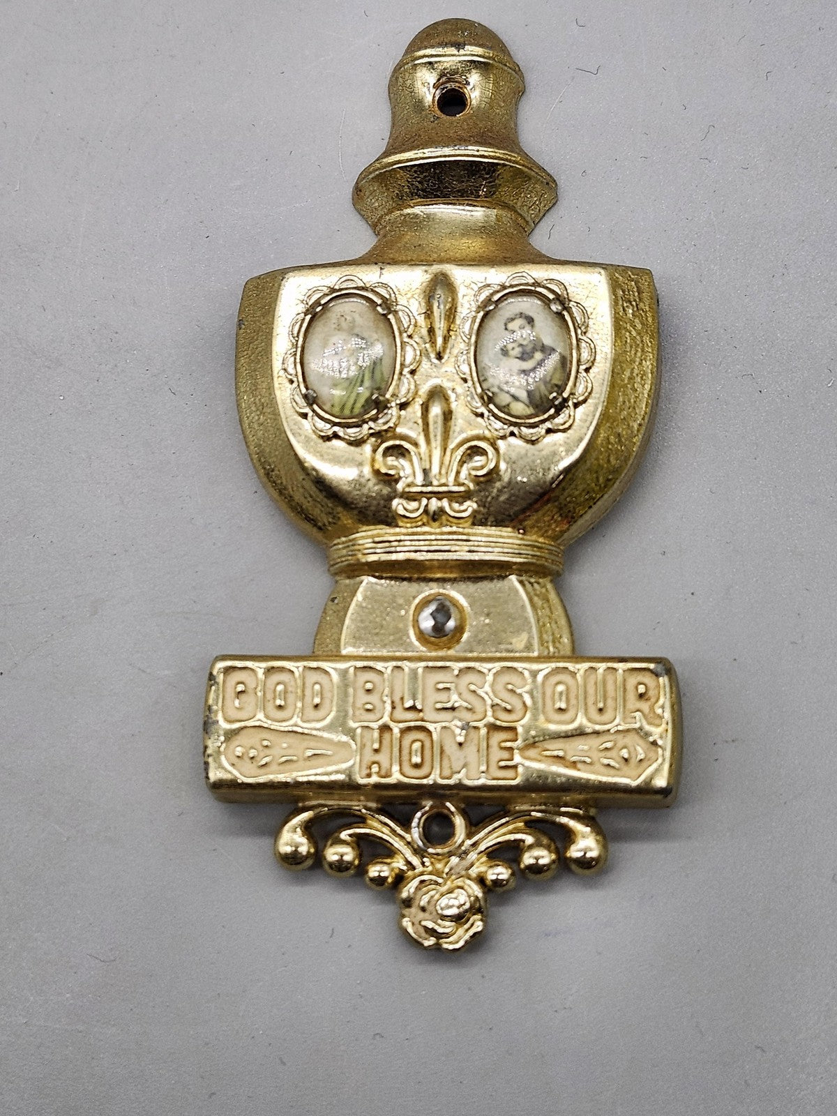 Vintage God Bless Our Home Wall Plaque Gold Tone Virgin Mary Catholic Decor