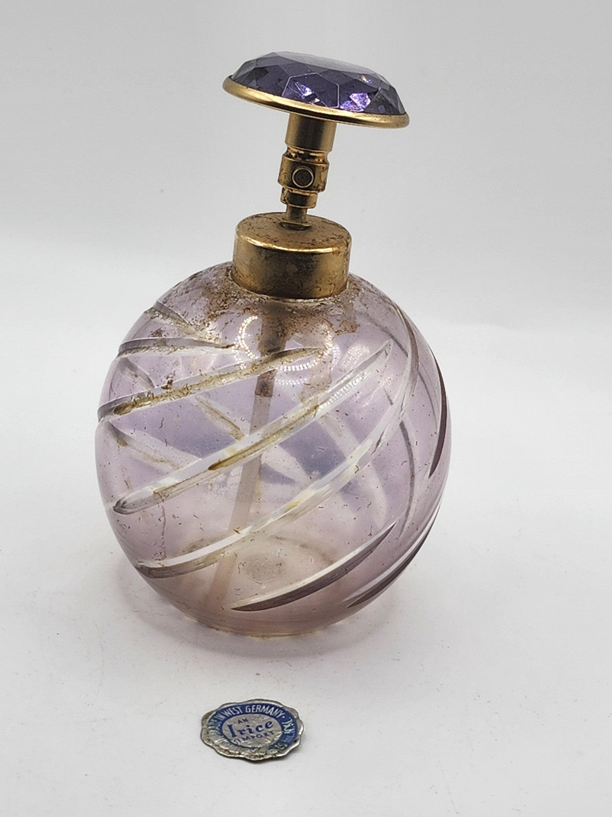 Vintage Irice Glass Perfume Atomizer Purple Jewel Top Swirl Round West Germany