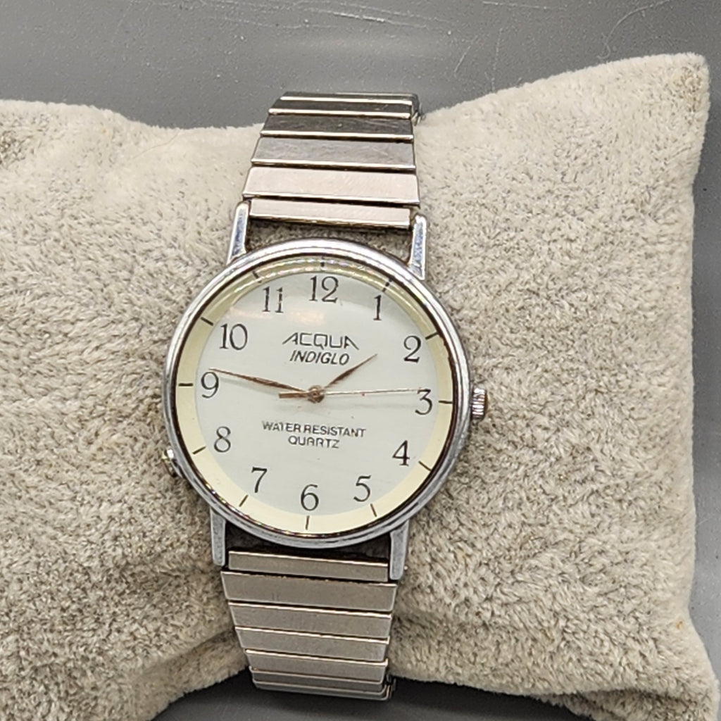 Timex Acqua Indiglo Quartz Watch Silver Tone Stretch Band Untested Parts Repair