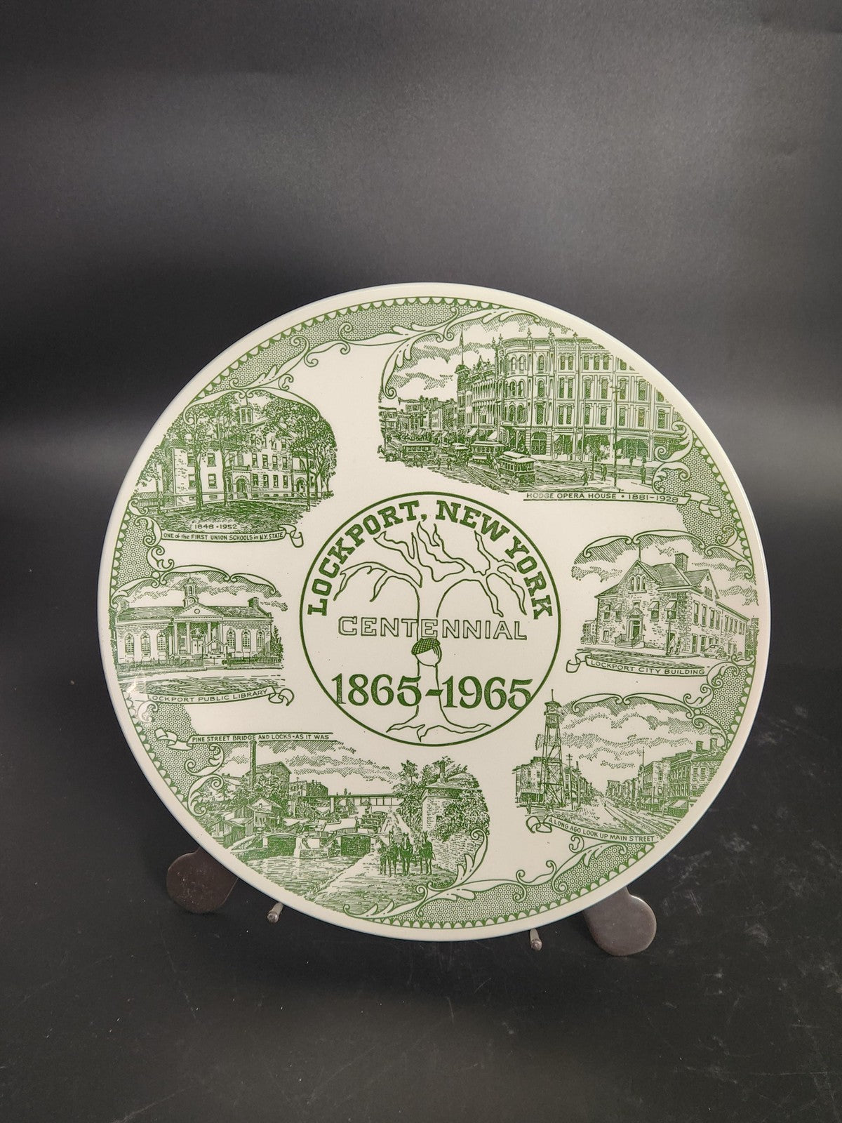 Vintage Lockport New York Centennial Plate 1865-1965 Green Kettlesprings Kilns