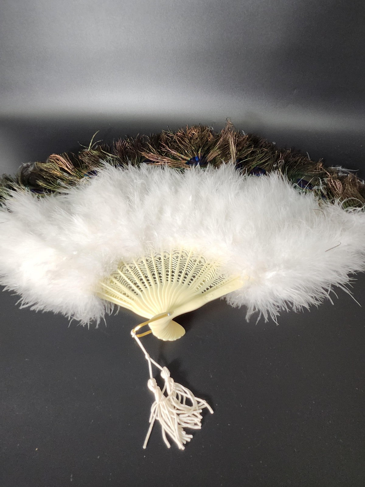 Peacock Feather Decorative Fan Traditional White Marabou Tassel Multicolor Decor