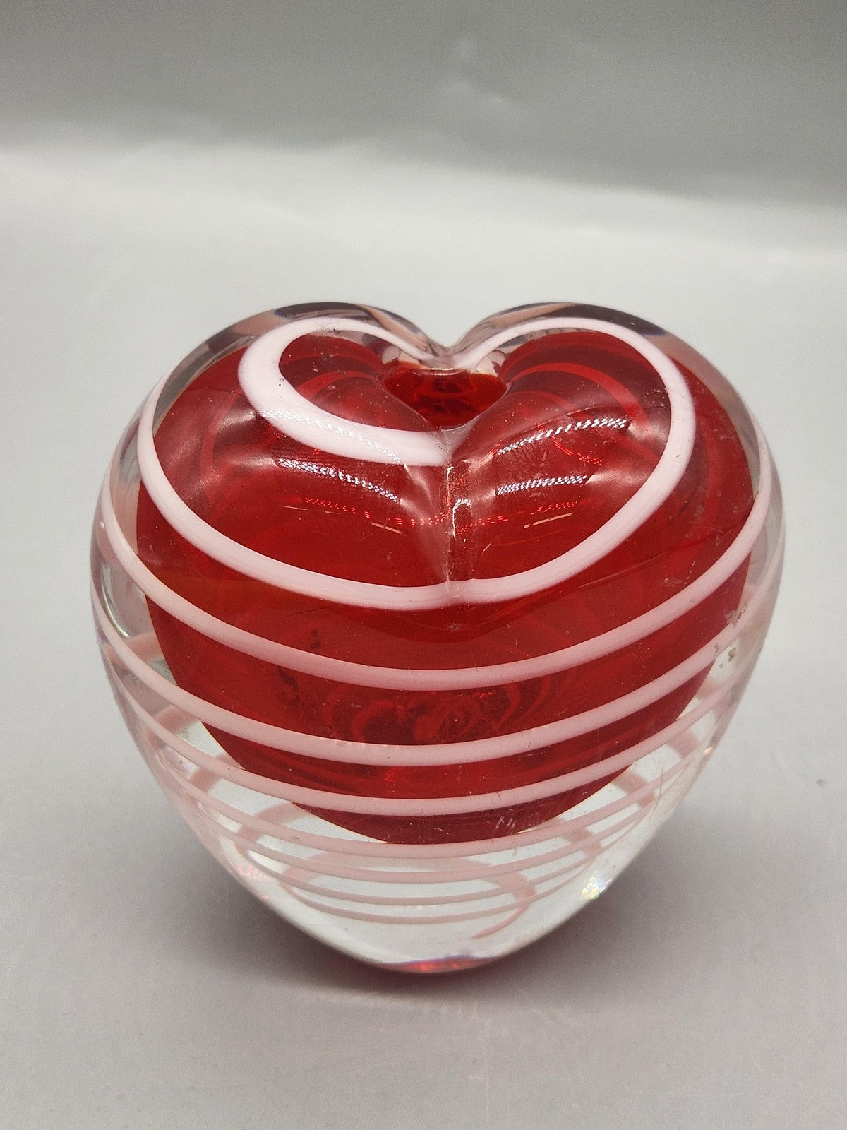 Unmarked Red Art Glass Heart Paperweight White Swirl Pen Holder Desk Decor