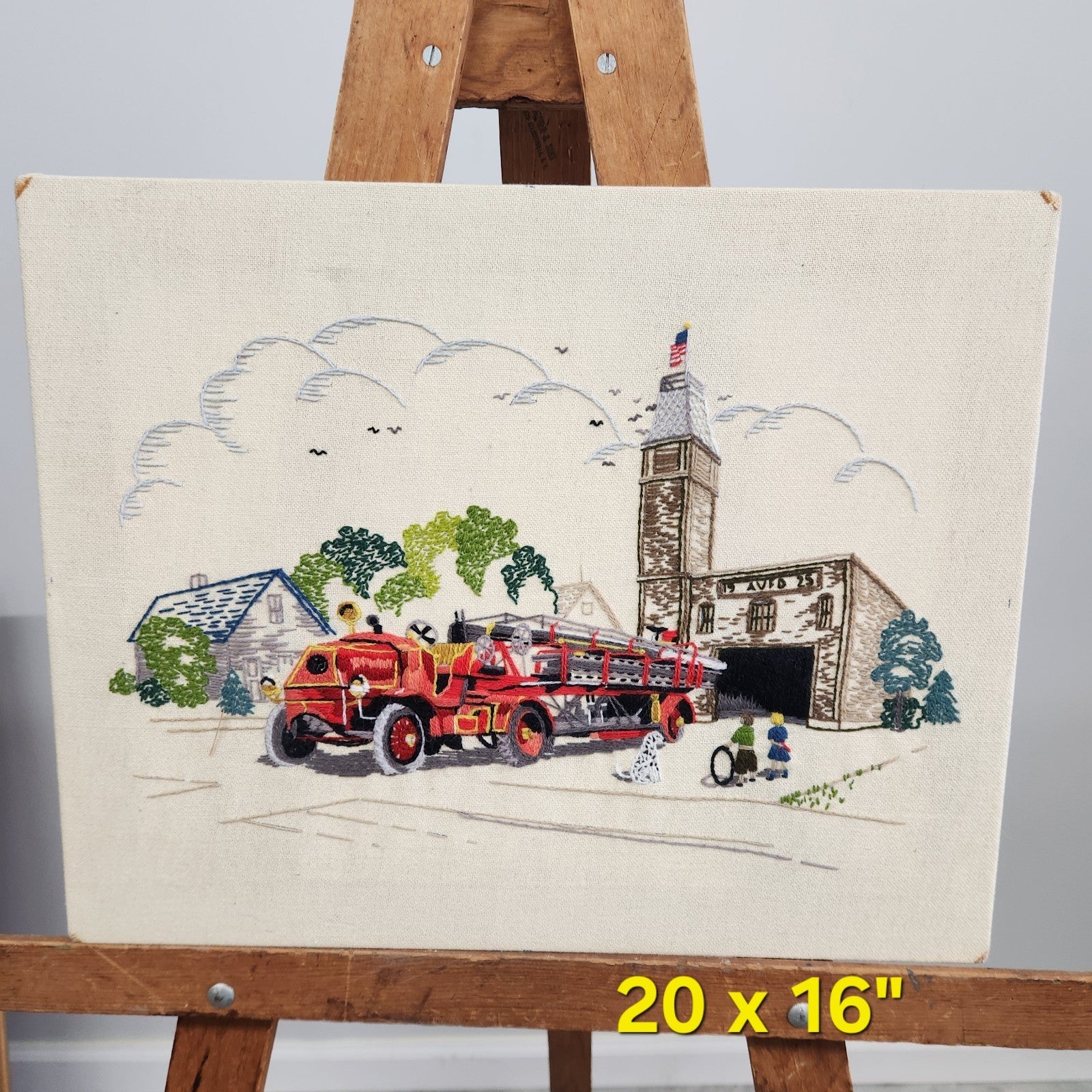 Vintage 1976 National Paragon Fire Truck Crewel Embroidery Wall Art 20” x 16”
