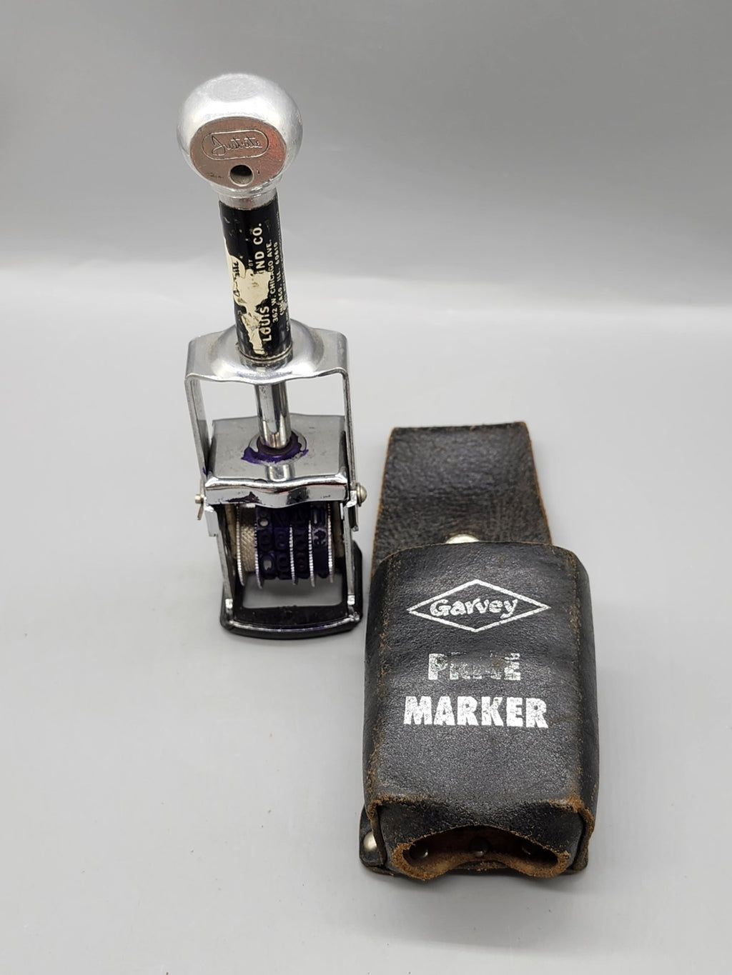 Vintage Justrite Numbering Date Stamp w/ Garvey Leather Price Marker Holder
