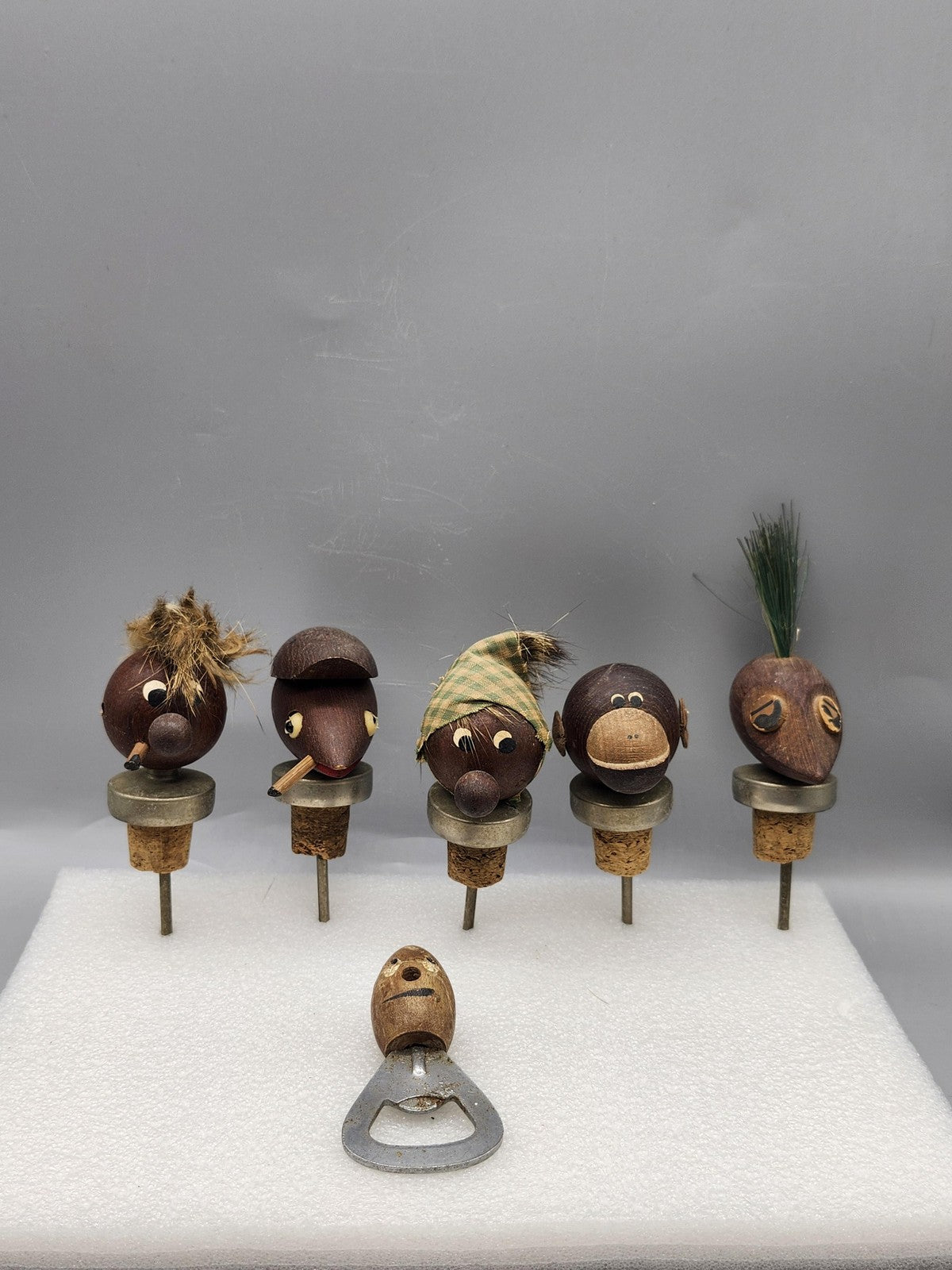 Vintage Wood Bottle Stopper Set Brown Character Faces Bottle Opener Bar Decor