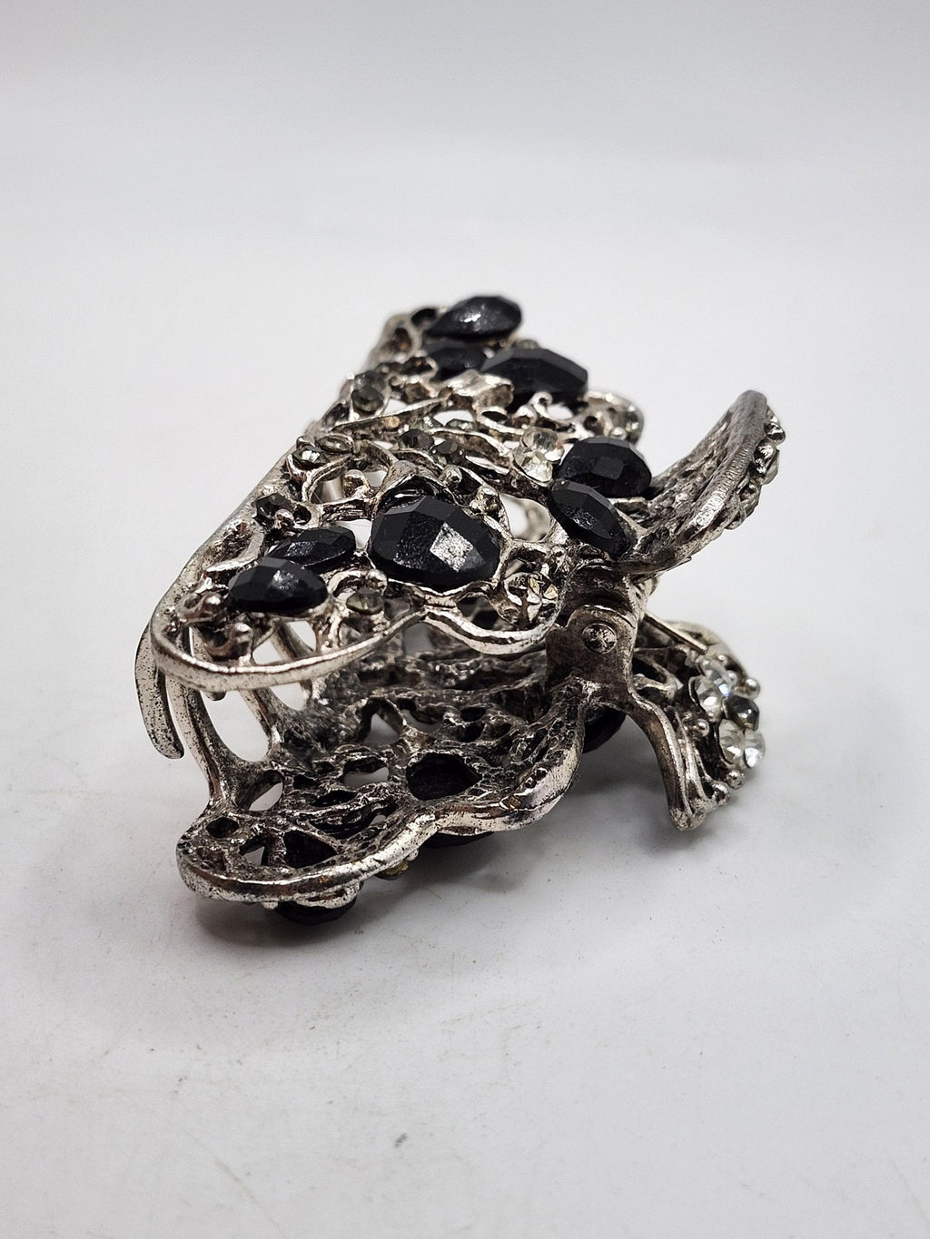 Hair Claw Clip Womens Teens Silver Black Rhinestone Floral Barrette Party Casual