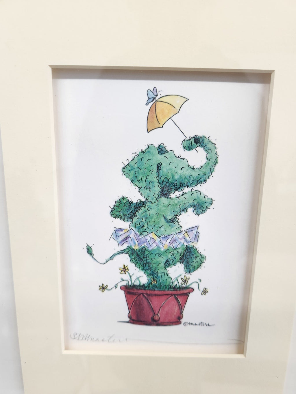 Vintage Ethan Allen Whimsical Topiary Wall Art Framed Triple Print 28x15 Signed 