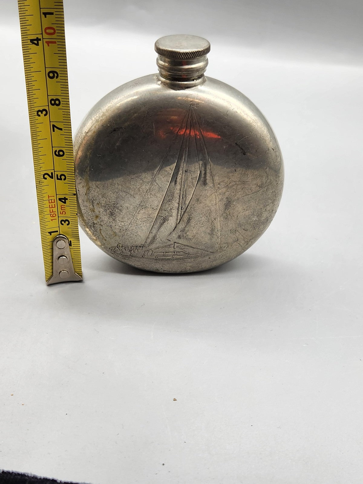 Vintage Pinder Bros Silver Pewter Sailboat 6oz Round Barware With Lid Decor