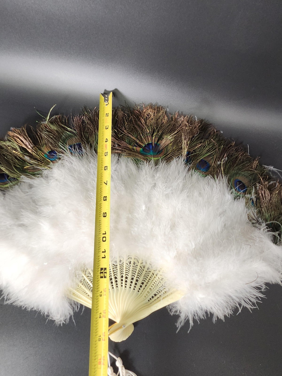 Peacock Feather Decorative Fan Traditional White Marabou Tassel Multicolor Decor