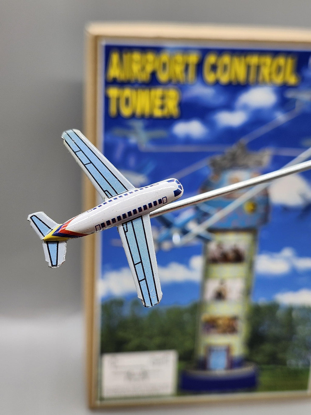 Airport Control Tower Wind Up Tin Toy Airplane Playset Blue Yellow Boxed MS 469