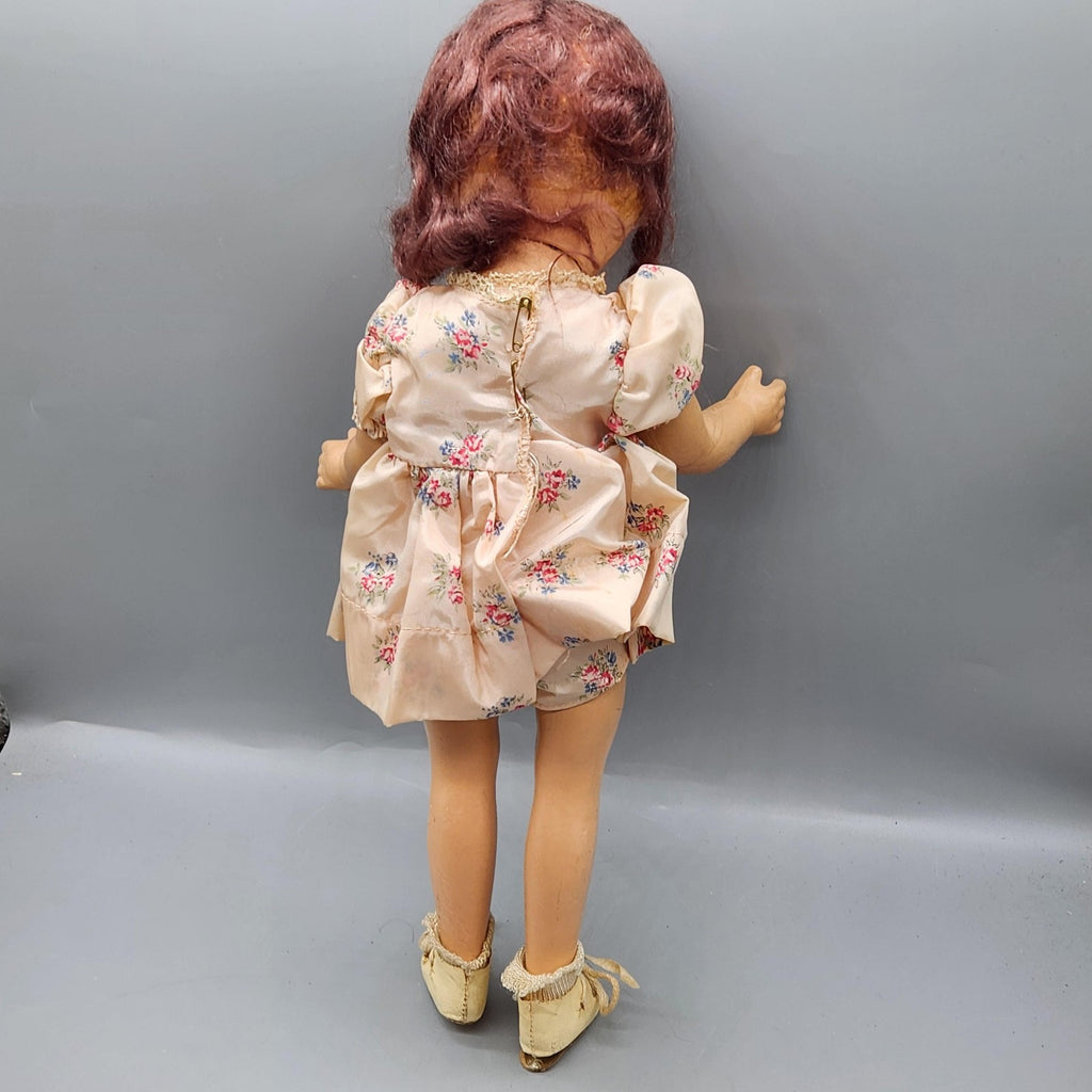 Vintage Composition Girl Doll 17 In Brown Hair Green Eyes Floral Dress Shoes
