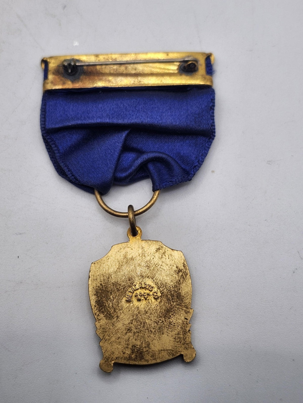 Vintage SOK POL W.AM Medal Blue Ribbon Gold Tone Eagle Shield Award Pendant