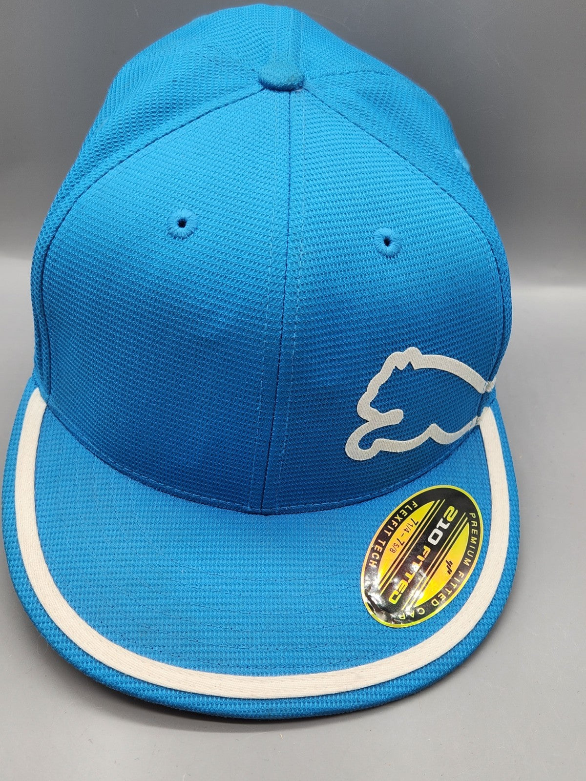 Puma 210 Fitted Blue Performance Golf Hat Cap L/XL White Trim FlexFit