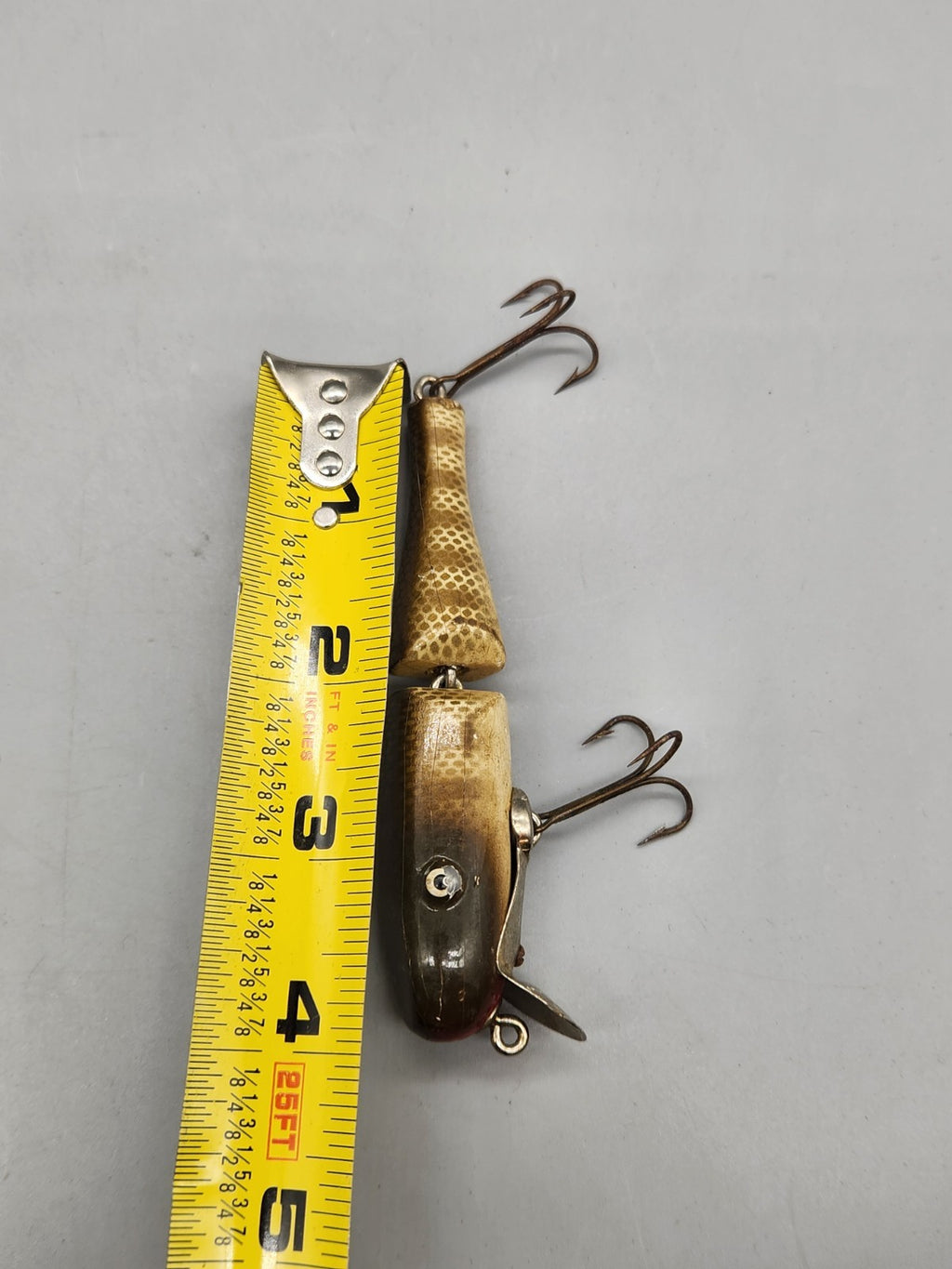 Vintage Jointed Wooden Fishing Lure Glass Eyes Diving Lip Dual Treble Hooks