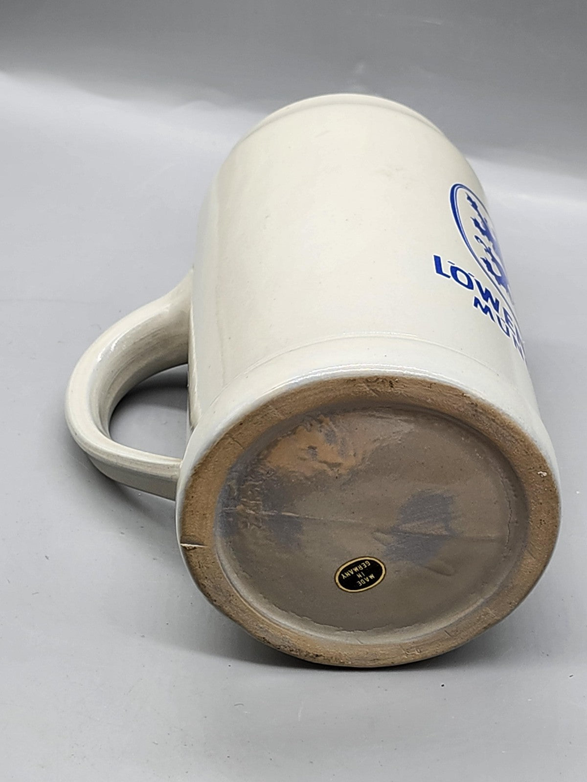 Vintage Lowenbrau Munchen Beer Mug 1L Gray Blue Stoneware Germany Breweriana