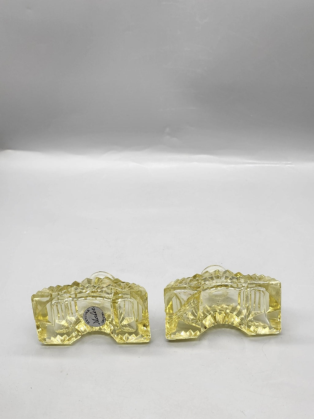 Morlee Crystal Candle Holder Pair Small Yellow Half Moon Art Deco Decor