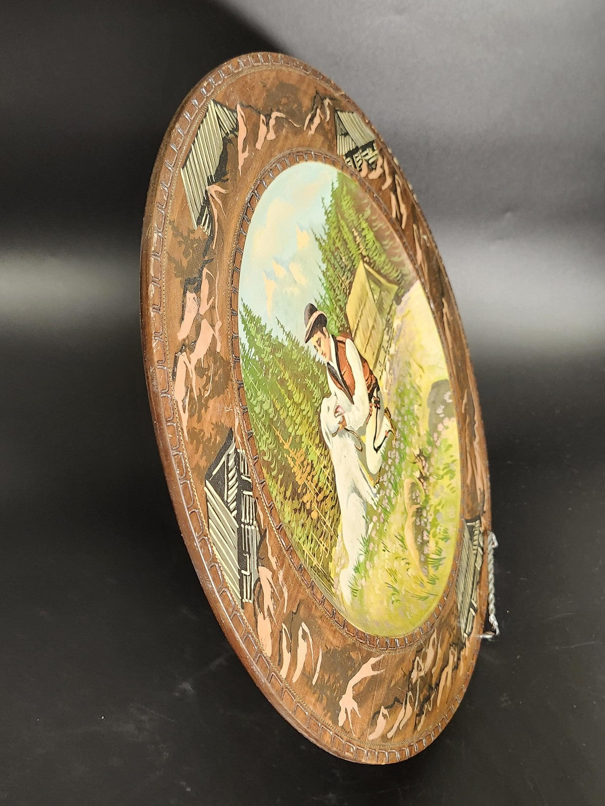 Vintage Shepherd Dog Woodland Collector Plate Large Round Wood Decor Multicolor