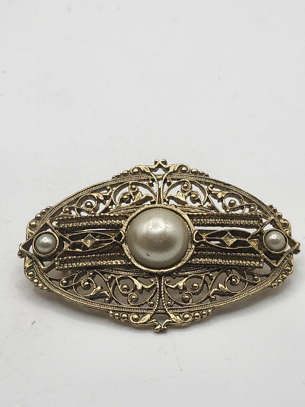 Vintage Made In France Filigree Brooch Pin Gold Tone Faux Pearl Floral Jewelry