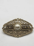 Vintage Made In France Filigree Brooch Pin Gold Tone Faux Pearl Floral Jewelry