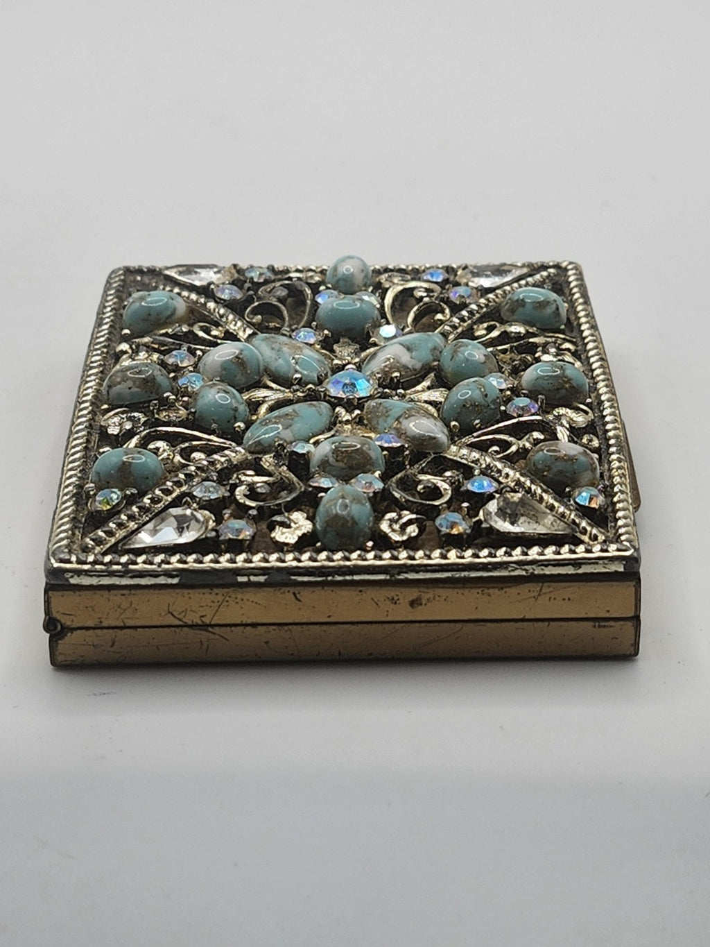 Vintage S F Co 5th Avenue Jeweled Powder Compact Turquoise Rhinestones Metal