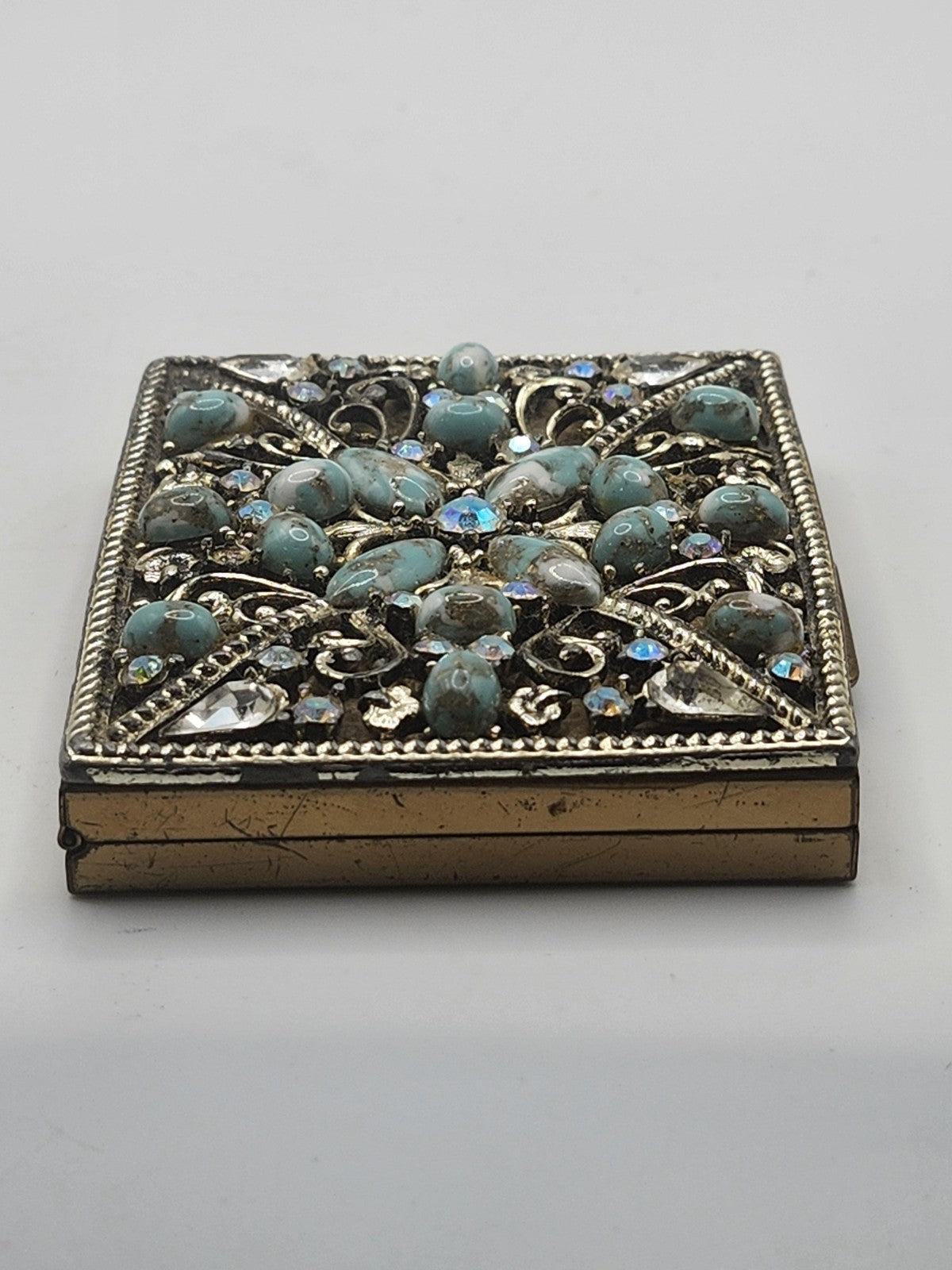 Vintage S F Co 5th Avenue Jeweled Powder Compact Turquoise Rhinestones Metal