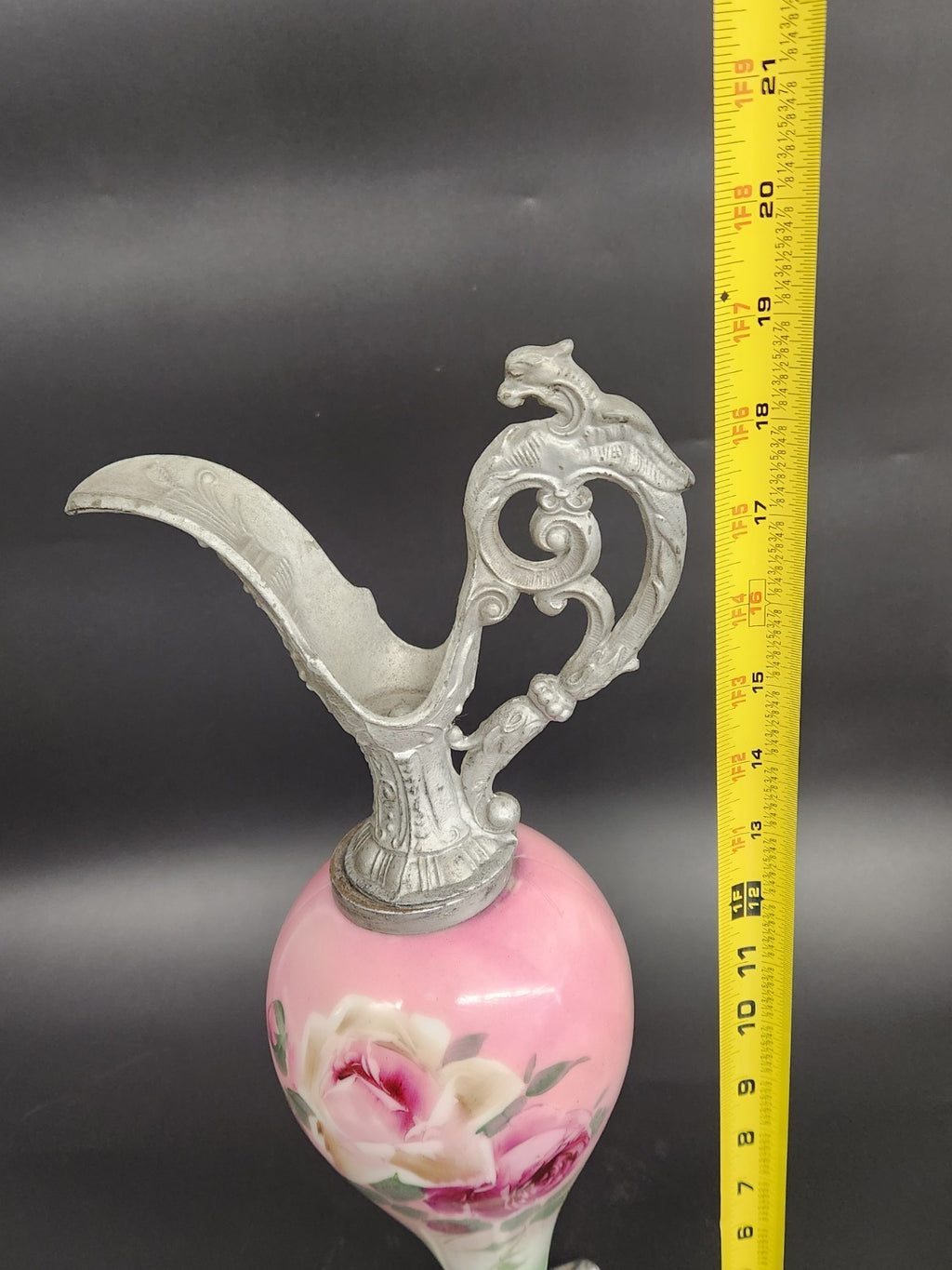 Vintage Hand Painted Floral Ewer Pitcher – Ornate Metal Gargoyle Handle Pink...