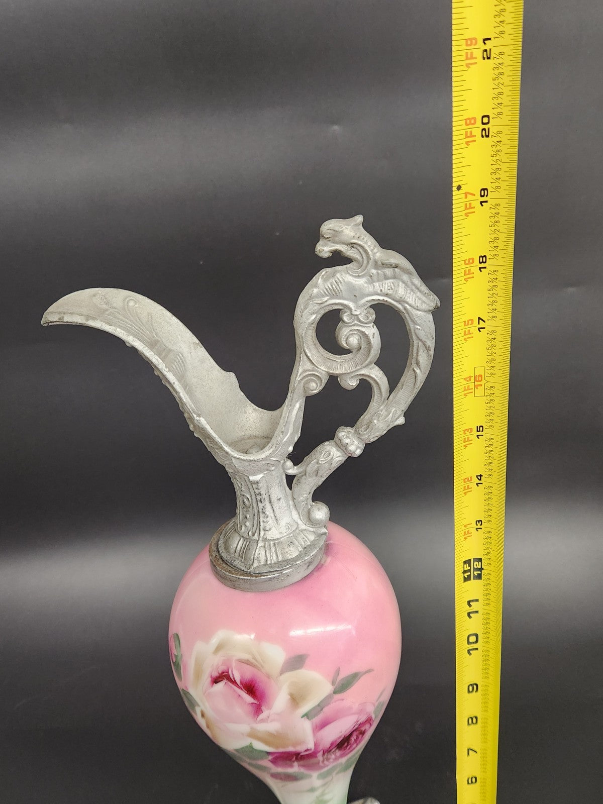 Vintage Hand Painted Floral Ewer Pitcher – Ornate Metal Gargoyle Handle Pink...
