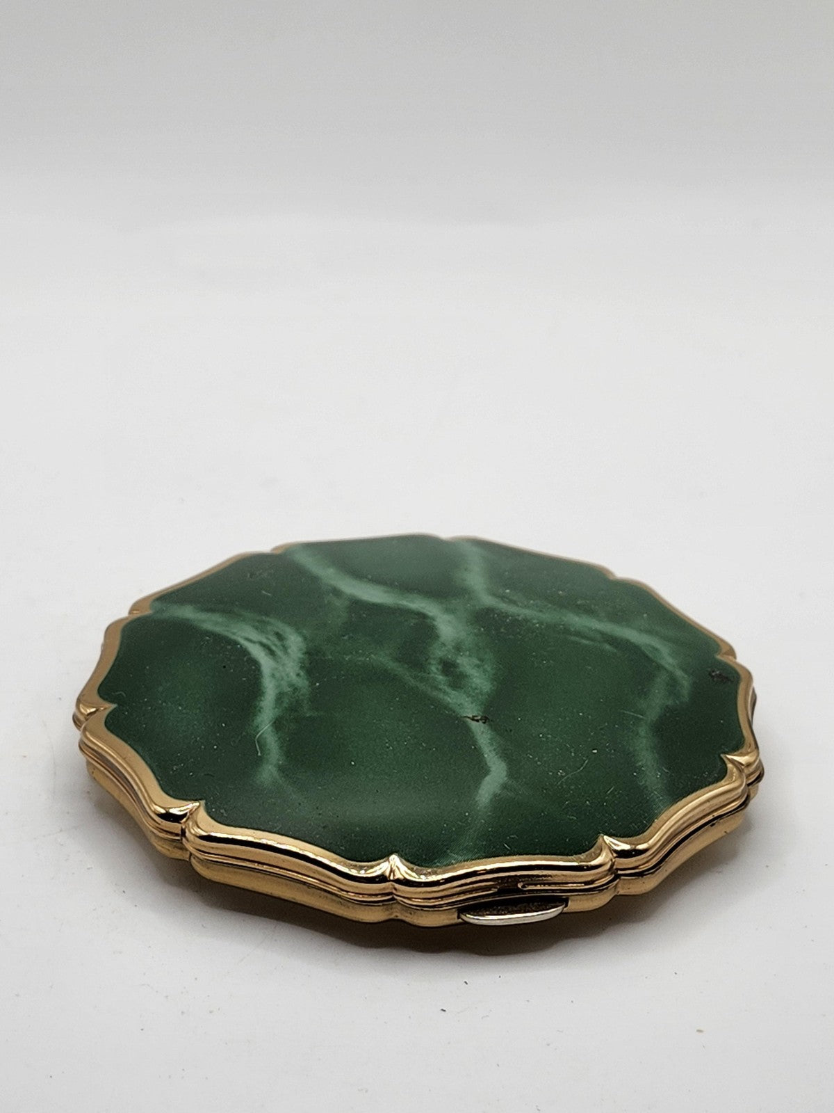Vintage Stratton Compact Green Marbled Enamel Round Gold Tone England Vanity