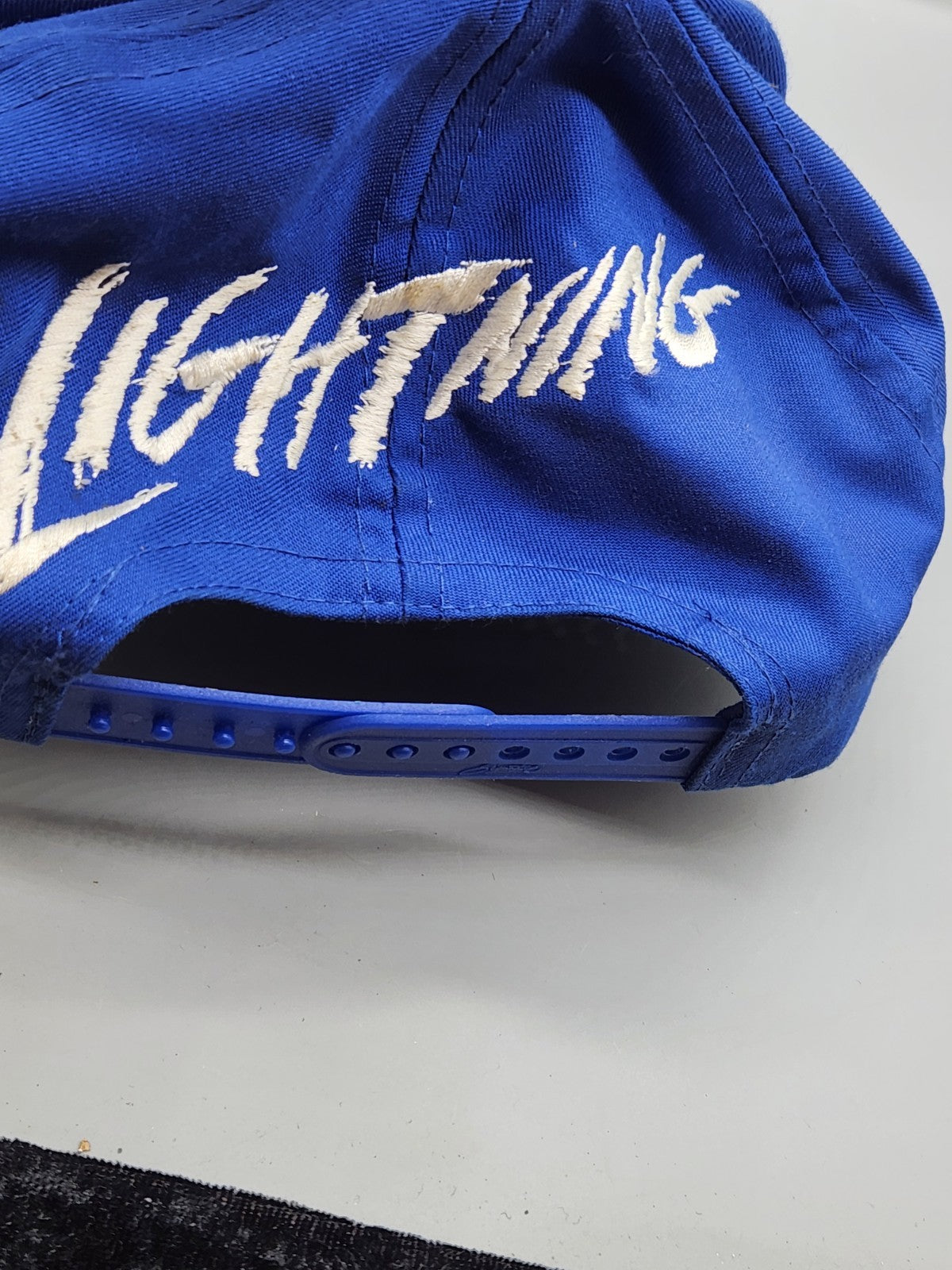 Vintage Tampa Bay Lightning Snapback Hat NHL Script Logo AJD Blue White 1990s