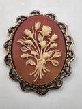 Pink Resin Flower Cameo Brooch Pin Gold Tone Oval Bouquet Costume Jewelry