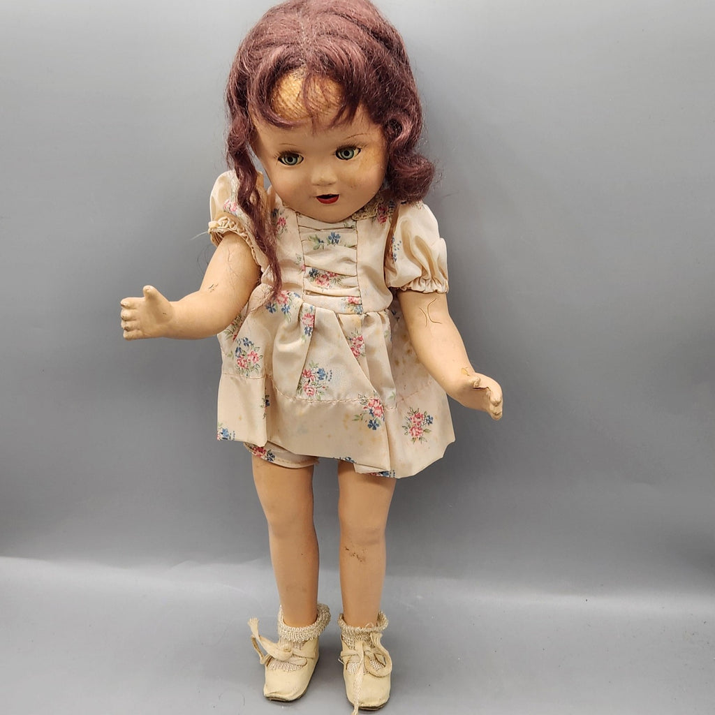 Vintage Composition Girl Doll 17 In Brown Hair Green Eyes Floral Dress Shoes