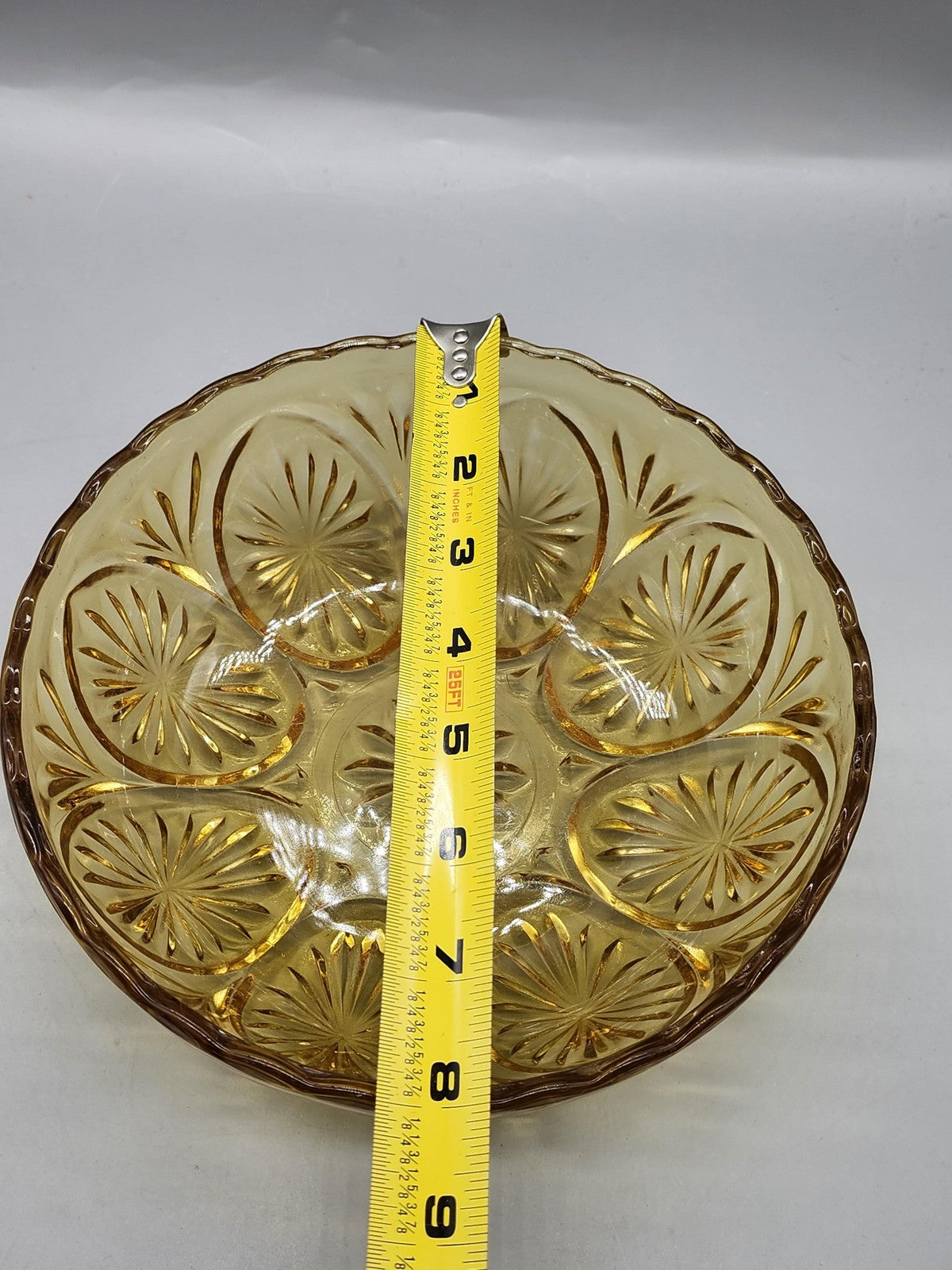 Vintage Yellow Pressed Glass Serving Bowl Starburst Round Scalloped Retro Decor