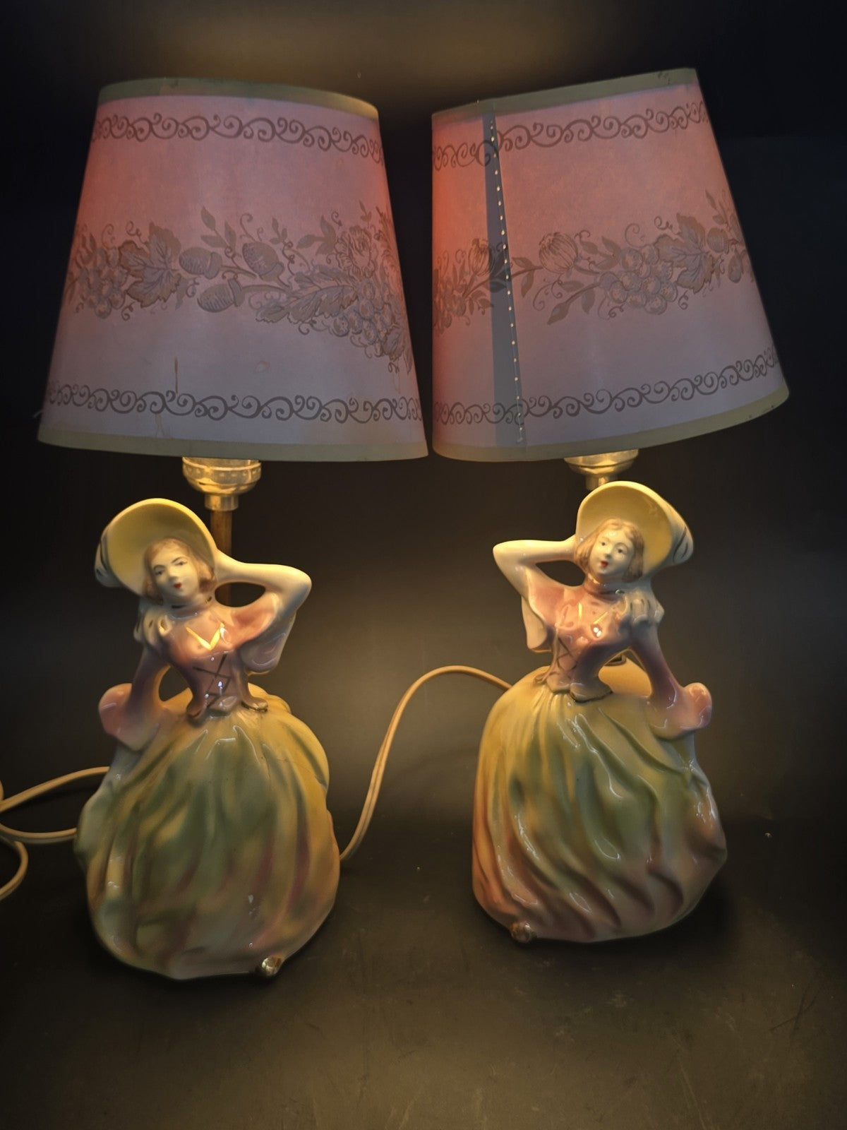 Vintage Pair Ceramic Lady Figurine Table Lamps w/ Original Shades Pink Yellow...