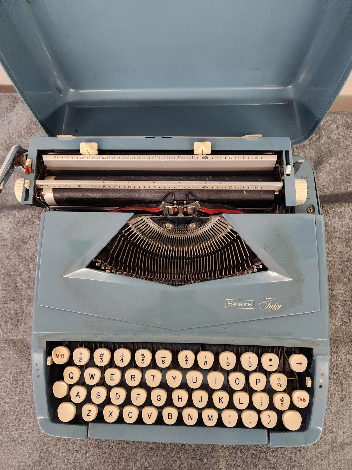 Vintage Sears Tutor Portable Typewriter Blue w/ Case Mid Century Manual...