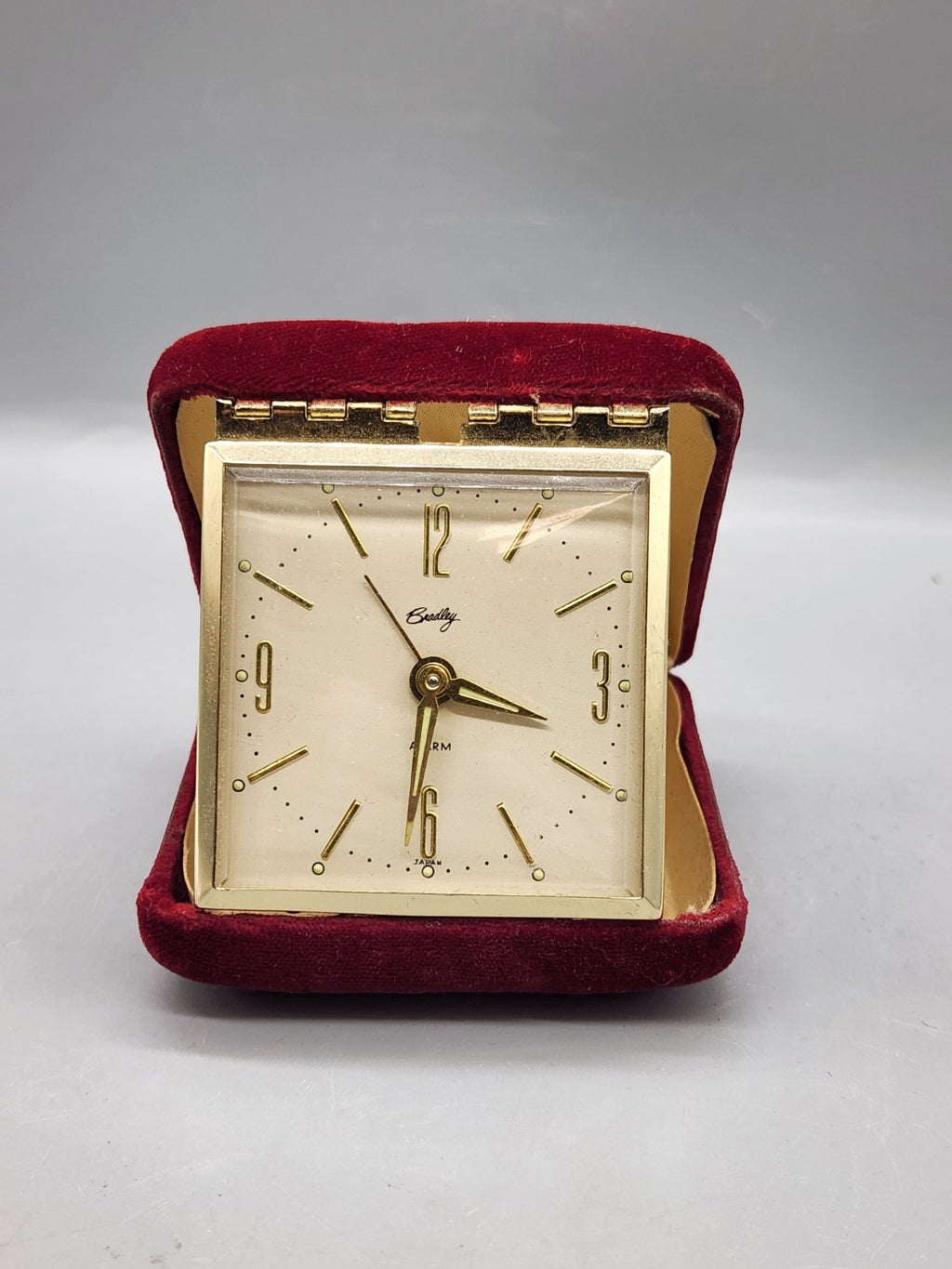 Vintage Bradley Travel Alarm Clock Red Velvet Case Folding Japan Untested