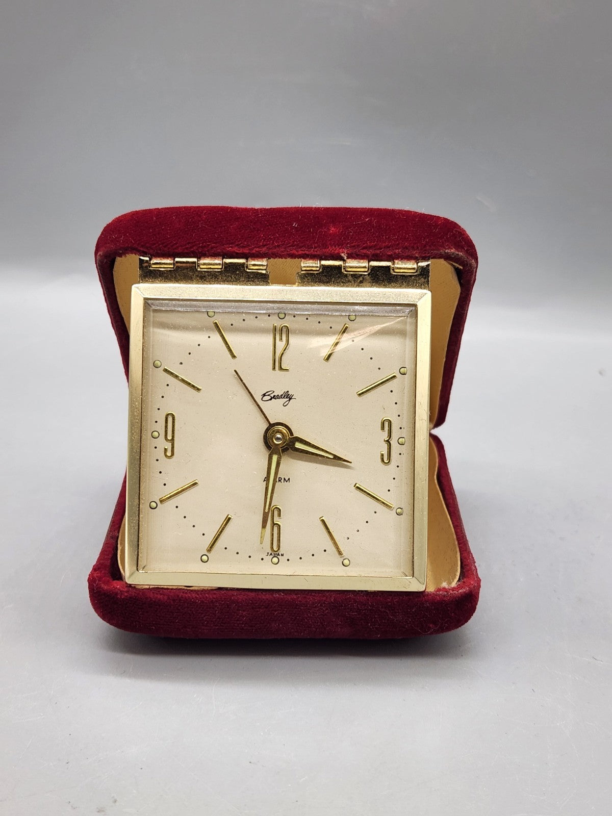 Vintage Bradley Travel Alarm Clock Red Velvet Case Folding Japan Untested