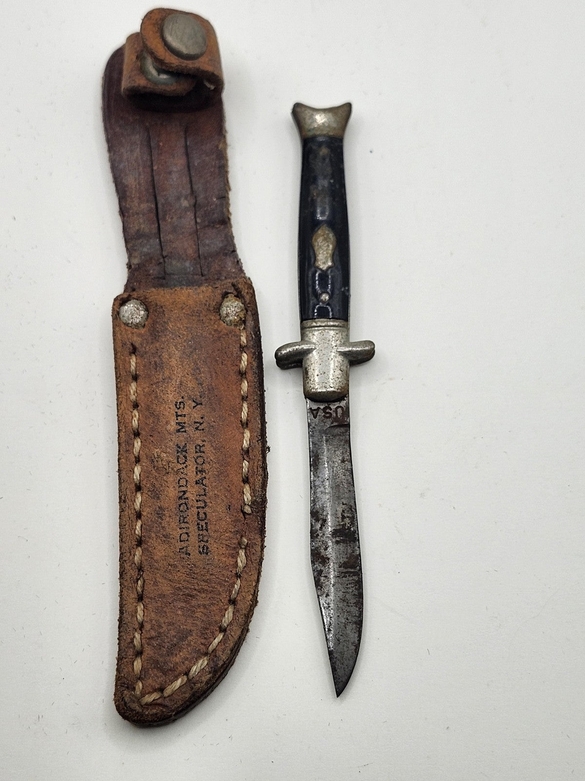 Vintage Mini Hunting Knife Fixed Blade Plastic Handle Brown Leather Sheath USA