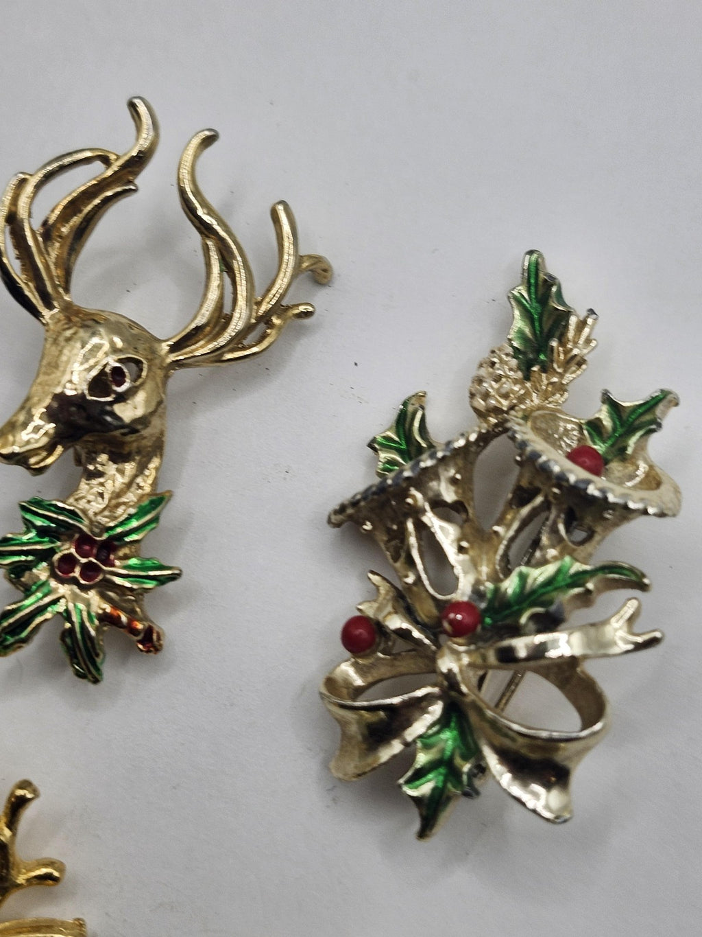 Christmas Reindeer Brooch Pin Lot Gold Tone Enamel Rhinestone Holiday Jewelry