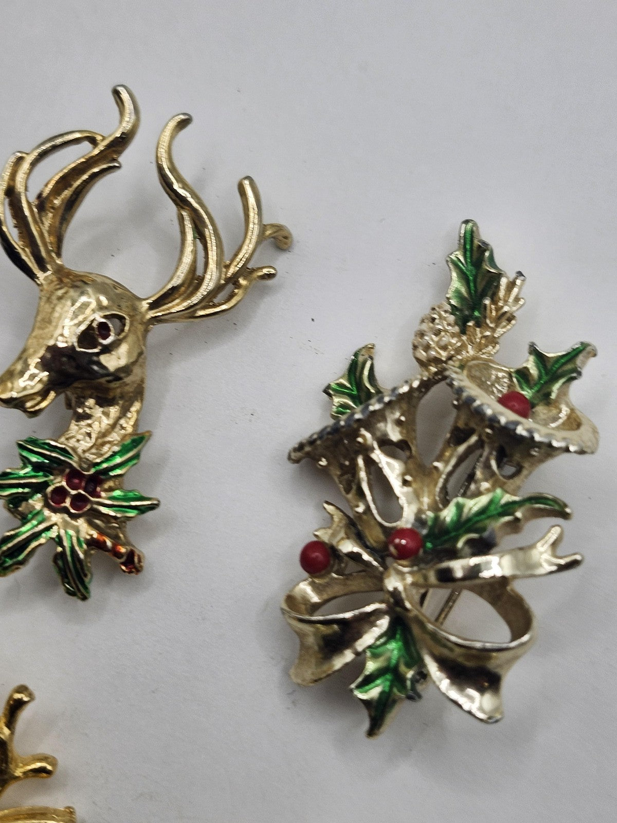 Christmas Reindeer Brooch Pin Lot Gold Tone Enamel Rhinestone Holiday Jewelry
