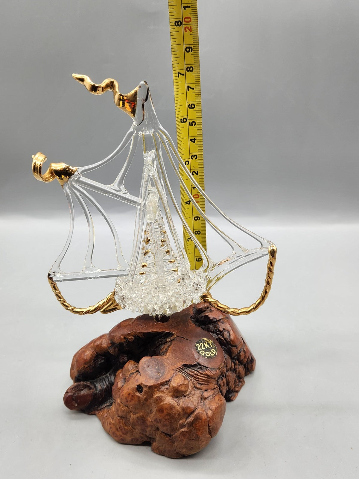 Vintage Hand Blown Art Glass Sailboat Sculpture 22KT Gold Burl Wood Base MCM