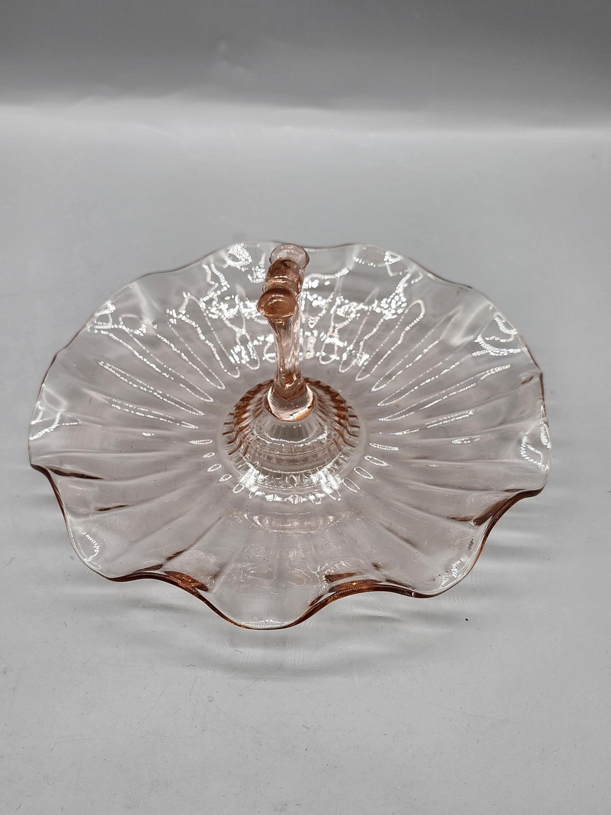 Pink Glass Serving Tray Small Round Handle Scalloped Vintage Retro Decor Plate